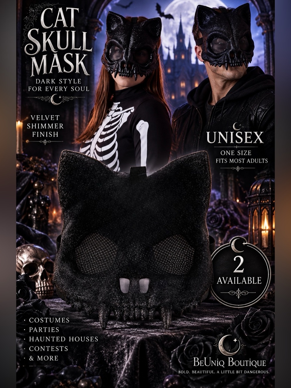 Skeleton Cat Skull Mask Adult UNISEX Black Velvet Shimmer Halloween NWT